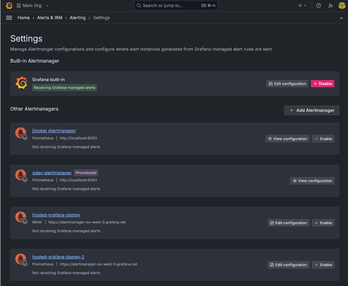 Alert settings page