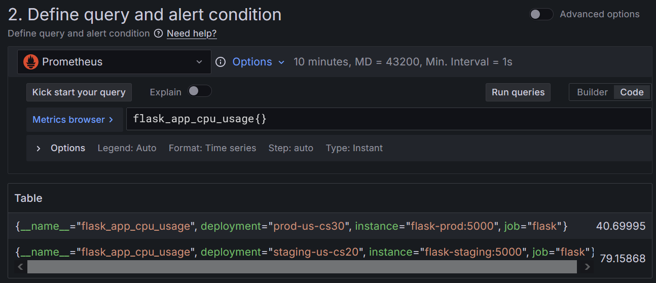 Preview of a query returning alert instances in Grafana. Preview of a query returning alert instances in Grafana.