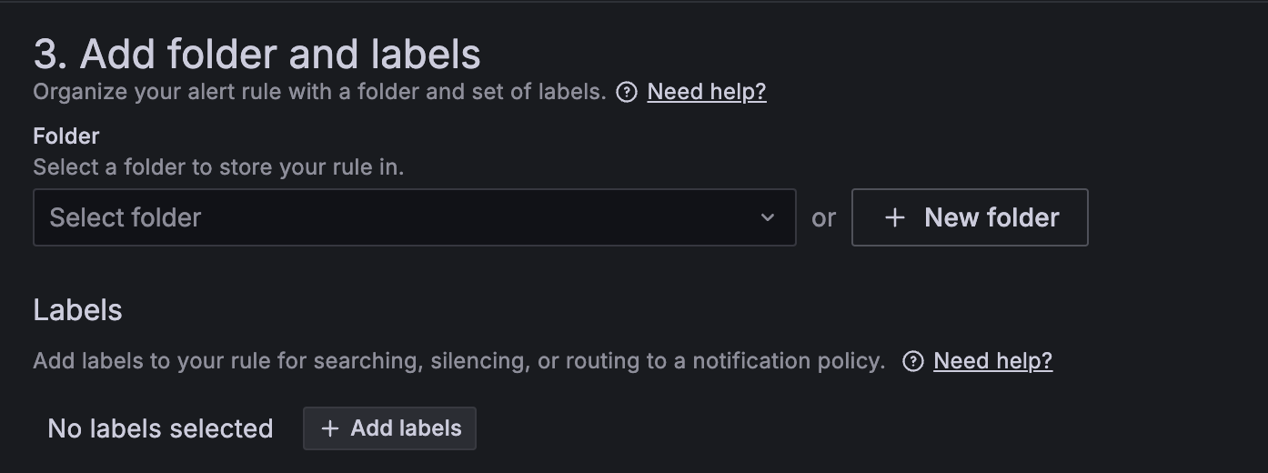 This image shows the add folders and labels step in the alert rule creation form.