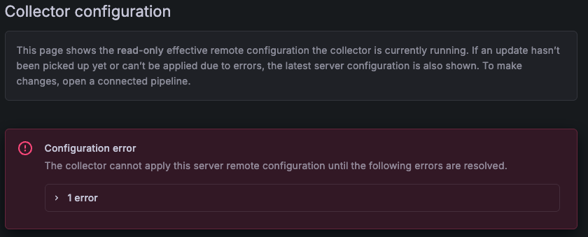 Red banner titled “Configuration error” with a dropdown error to see specific errors
