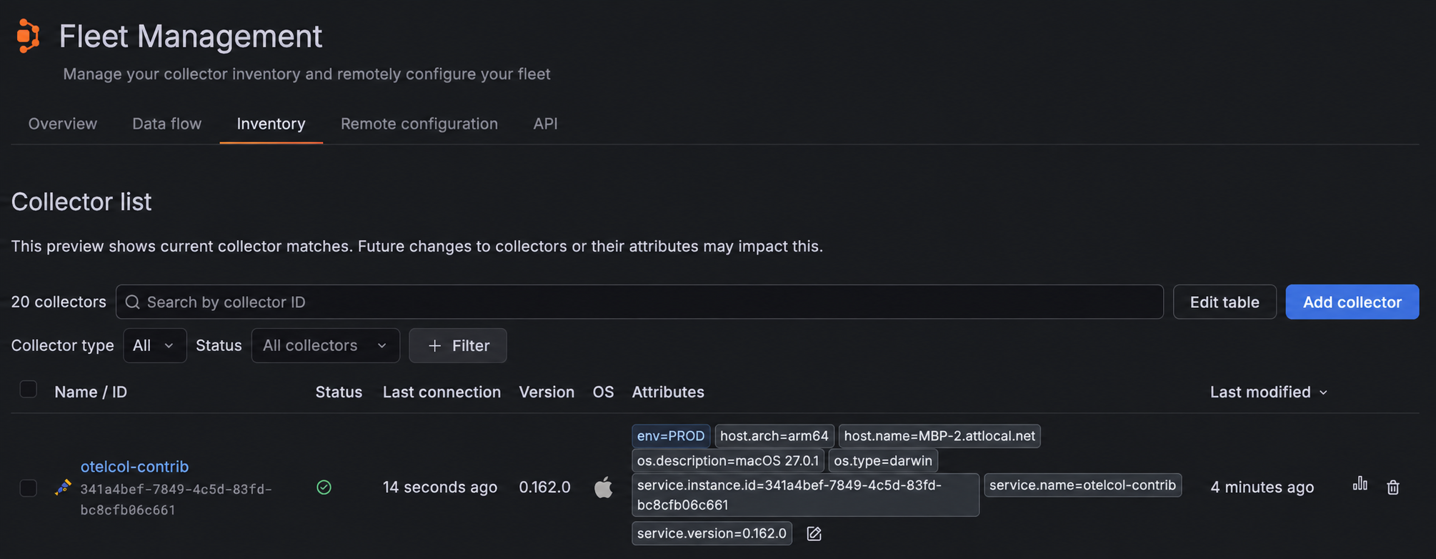 The Inventory screen in the Fleet Management interface in Grafana Cloud which shows that a new OpenTelemetry Collector called `otelcol-contrib` is registered with attribute `env=PROD`, has a healthy status, and was last modified a few minutes ago.