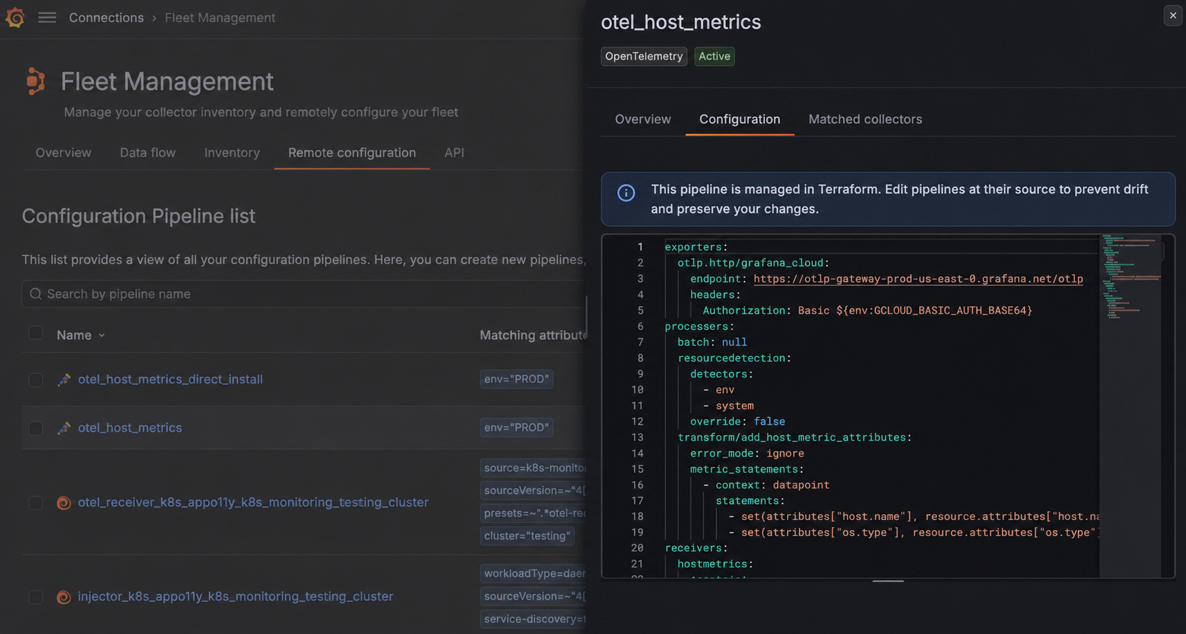 The Remote configuration screen in the Fleet Management interface in Grafana Cloud which shows that a new OpenTelemetry configuration pipeline called `otel_host_metrics` is active.