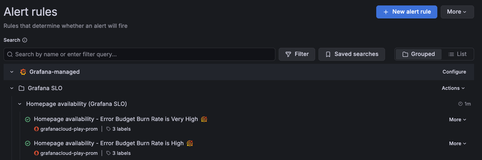 Alert rules list in Grafana Alerting displaying SLO alert rules