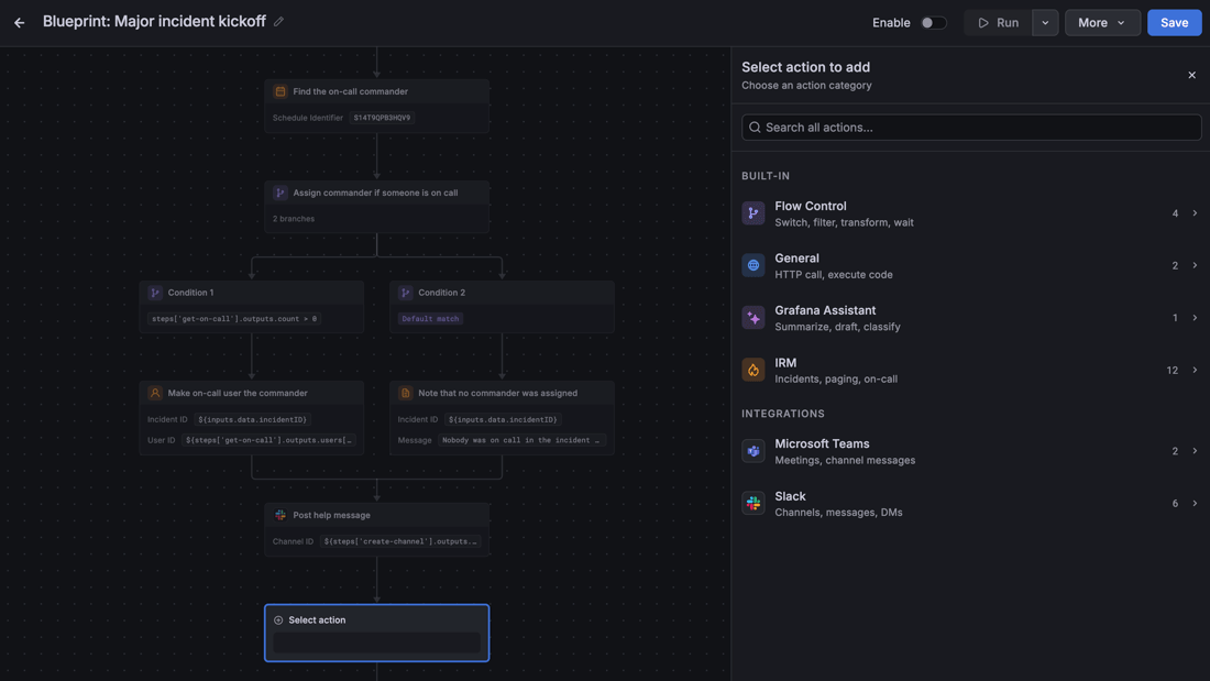 The Grafana Workflows visual editor showing the Major incident kickoff blueprint as connected steps, next to the Select action to add panel with Flow Control, General, Grafana Assistant, IRM, Microsoft Teams, and Slack actions