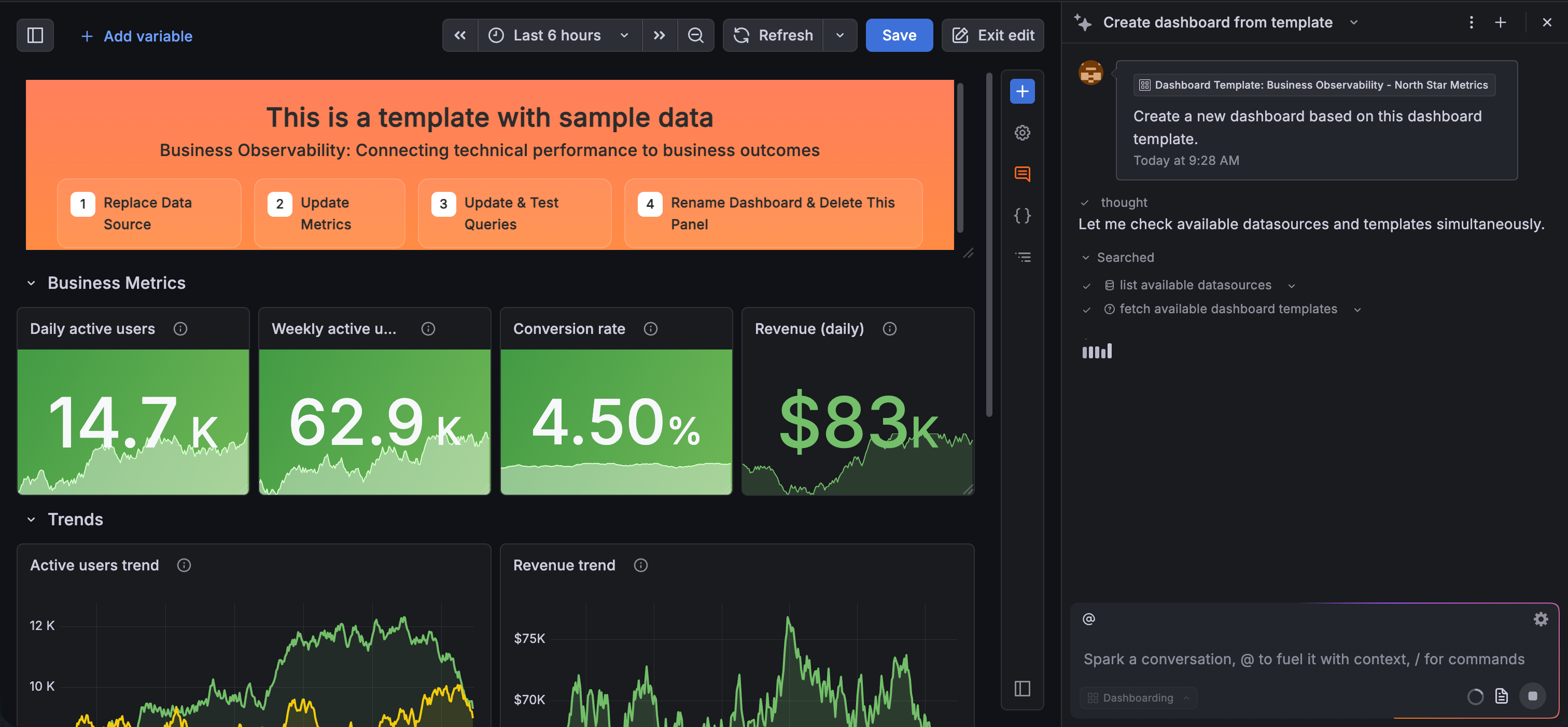 A dashboard template being customized by Grafana Assistant Grafana Assistant helping create a dashboard from a template