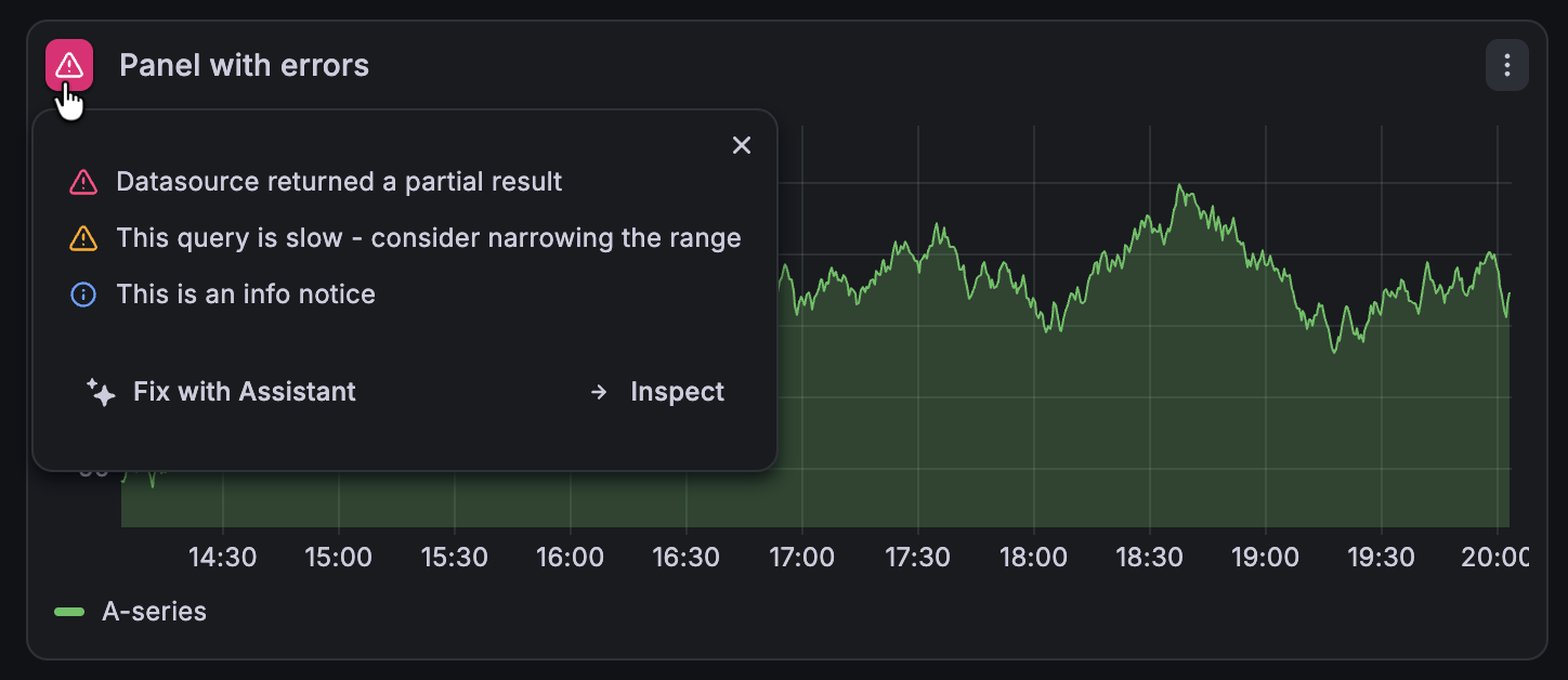 Errors and notices tooltip displayed on a panel