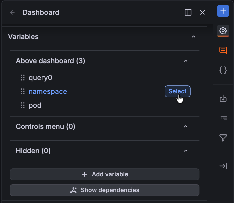 Variables section of the dashboard options in the sidebar