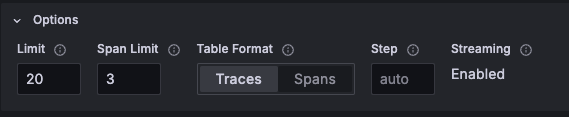Options section in the query editors