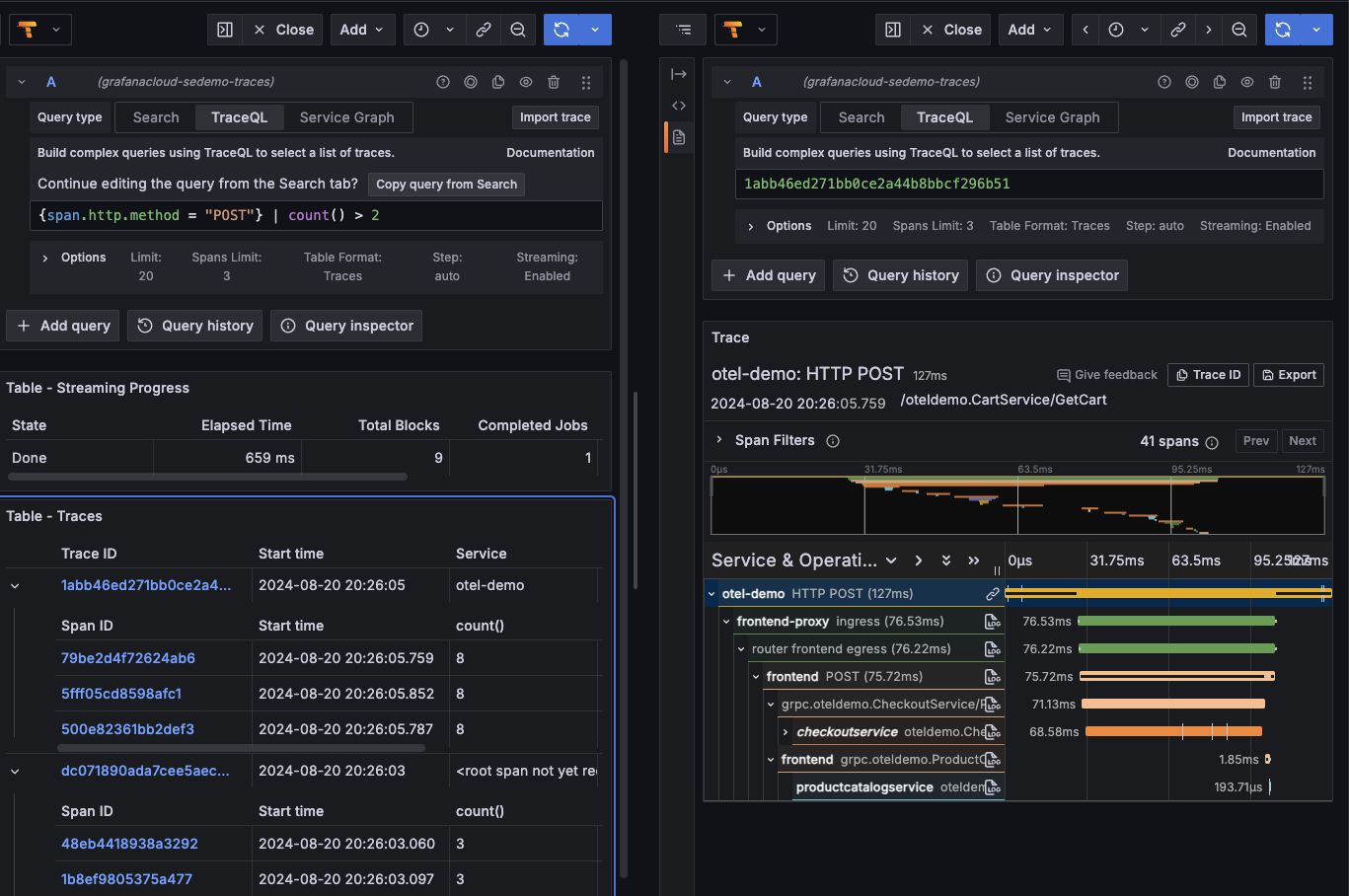 Query editor showing span results