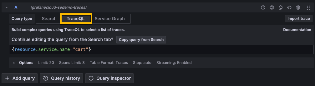 The TraceQL query editor
