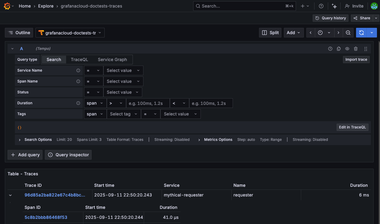TraceQL Query Editor showing the Search tab with the query set to {} and the Run query button.