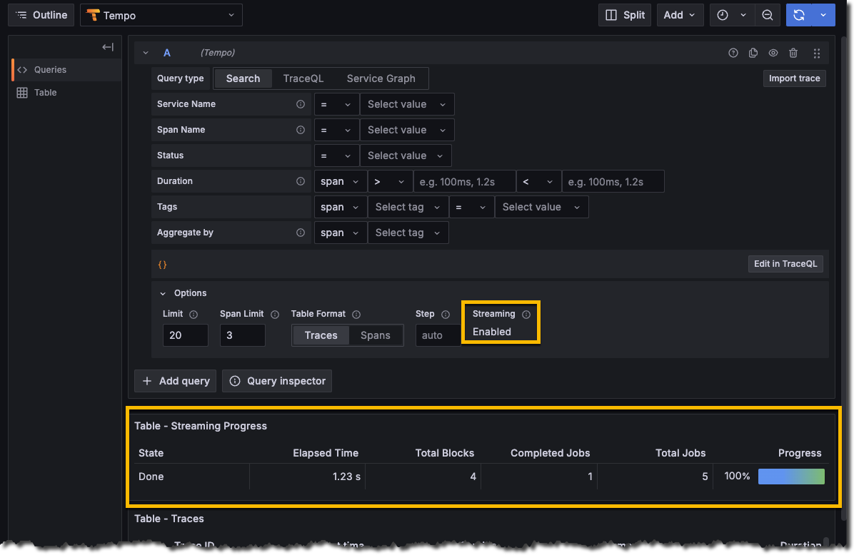 The Explore screen shows the Tempo data source with streaming active