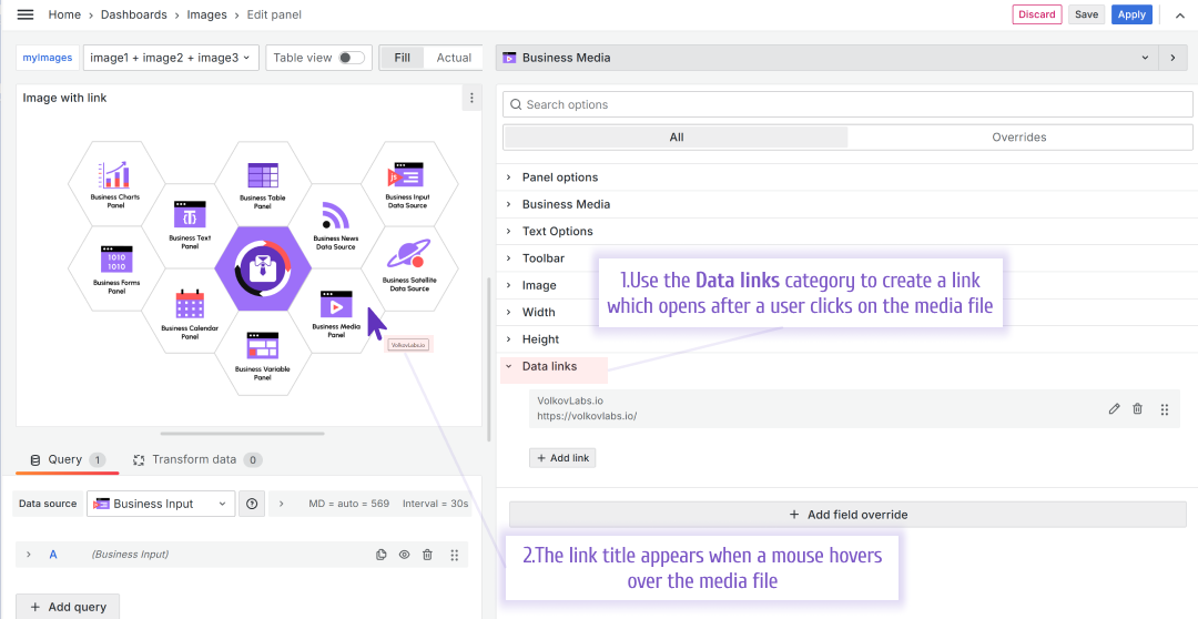 Use the Data links category to create links from Business Media panel
