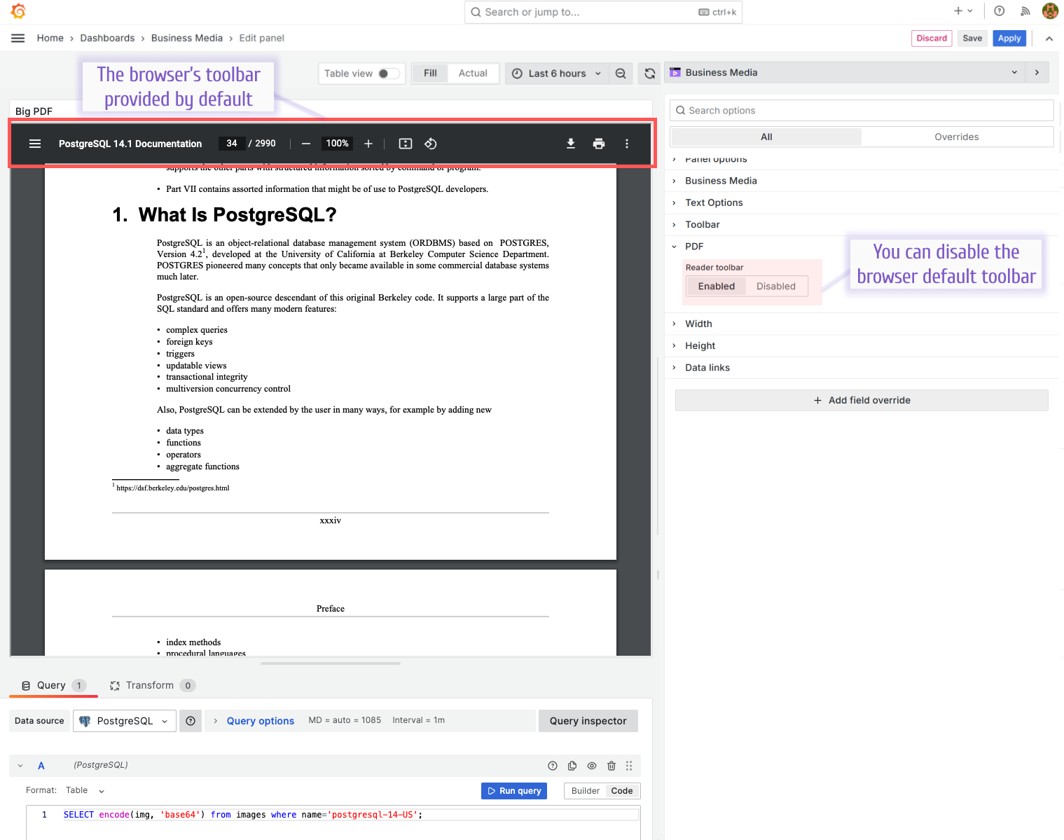 The Business Media panel provides an option to disable a browser's PDF toolbar