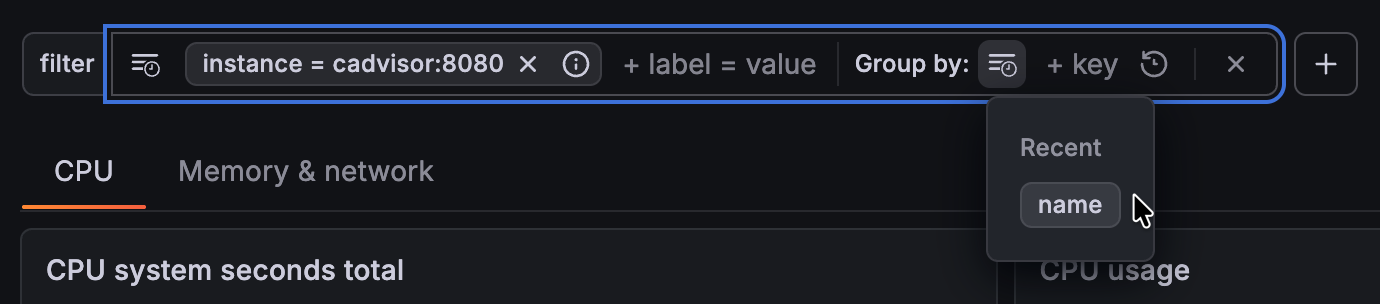 _Recent filters and group by dimensions_ Dashboard with the filters and group by selections