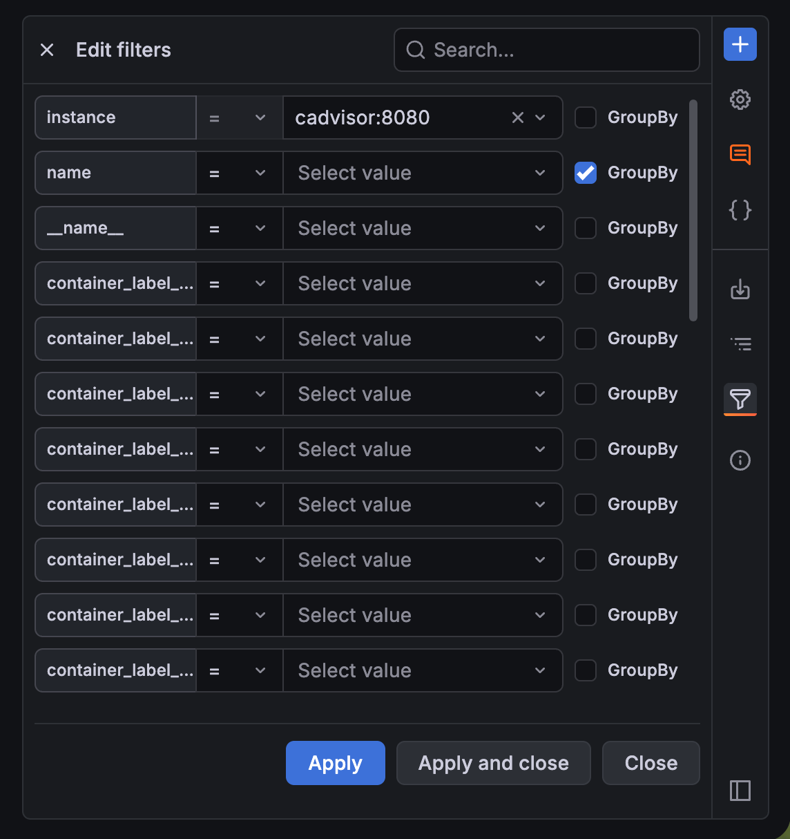 Dashboard with the filters and group by dimensions