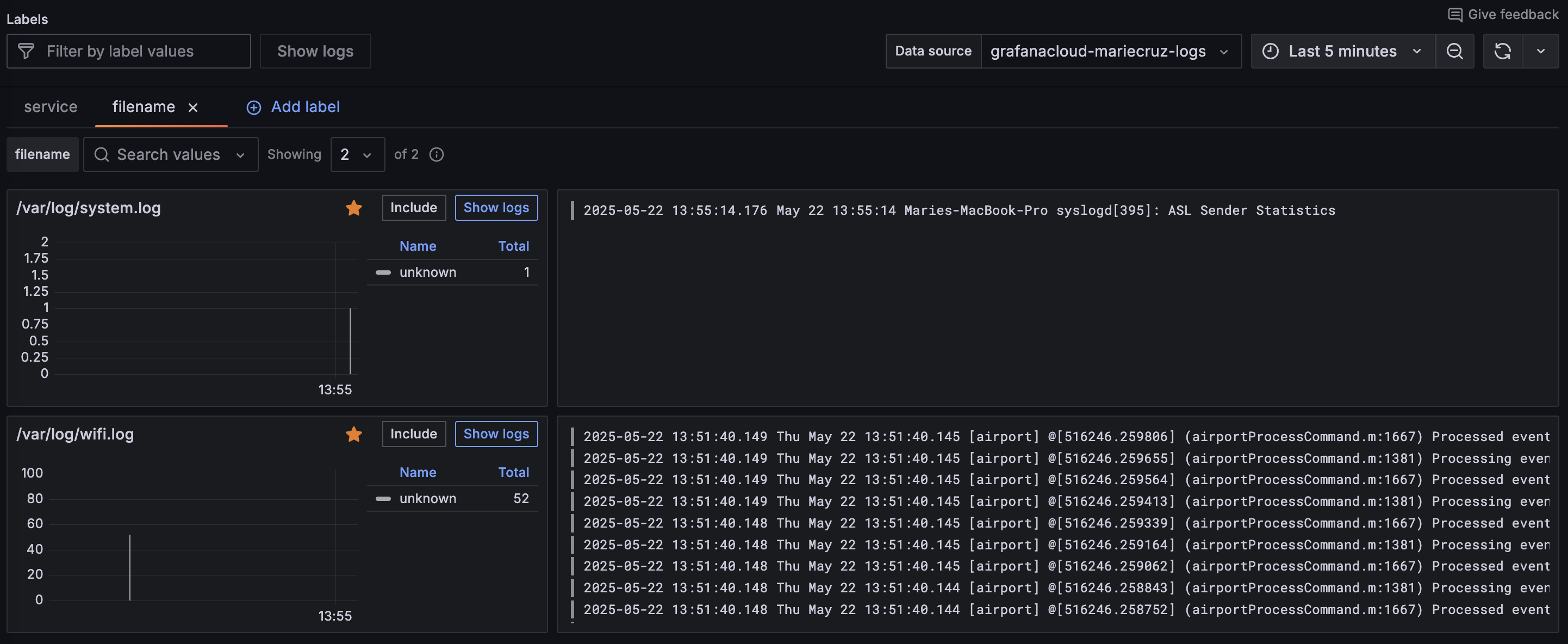 Logs Drilldown page for multiple files