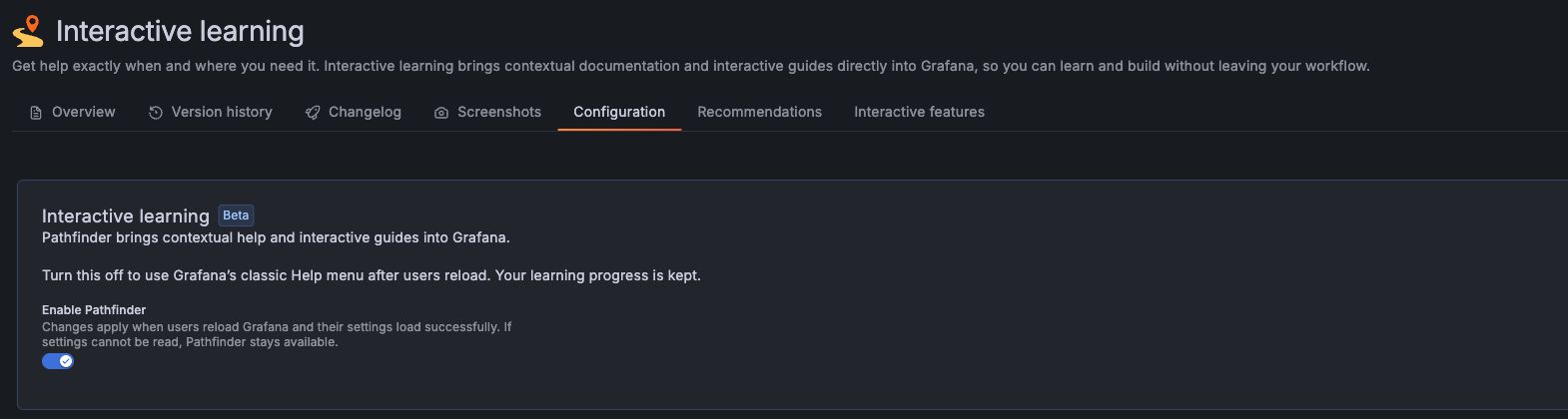 Interactive learning configuration in Grafana Cloud, showing the Enable Pathfinder switch and the explanation that turning it off restores the classic Help menu.
