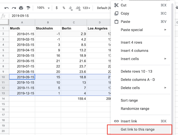 Google Sheets spreadsheet with selected cells and the right click menu open Google Sheets spreadsheet with selected cells and the right click menu open