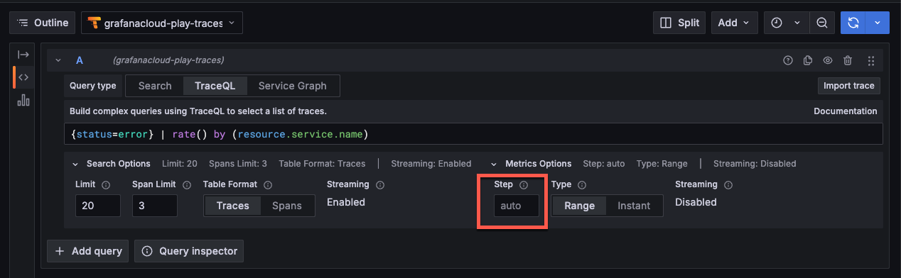 The Step value in the Metrics options in Grafana Explore