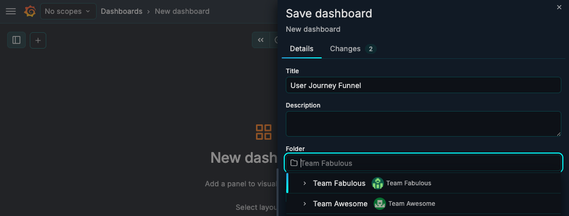 Folder picker in a save or move flow with Team folders shown at the top of the tree and one team folder selected.