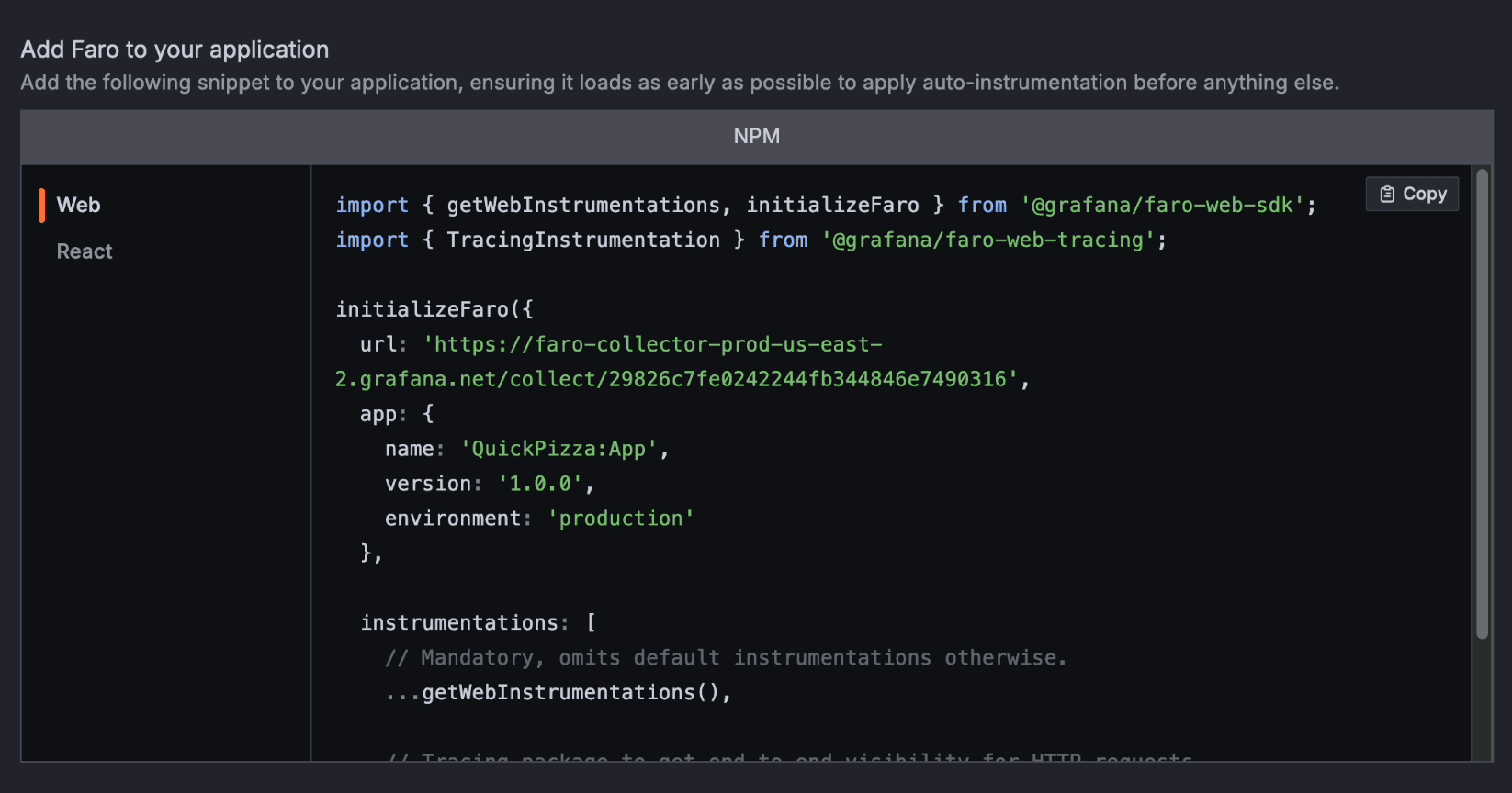 A screenshot of the page where you add Grafana Faro to your web application.