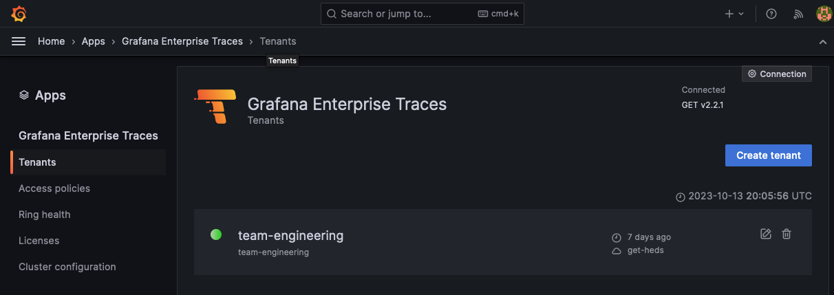 Create a new tenant in the GET plugin for Grafana