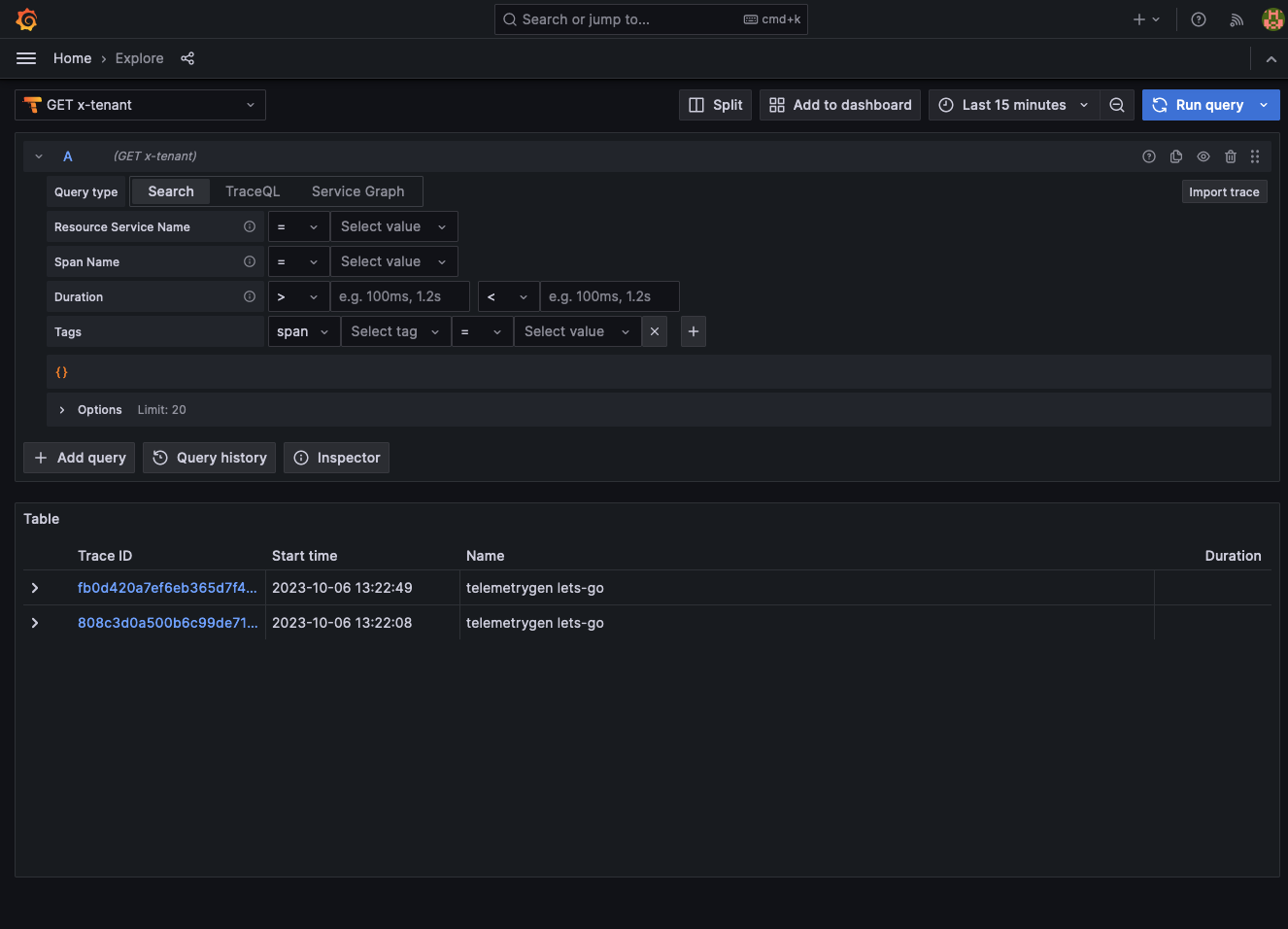 TraceQL query showing results for cross-tenant search