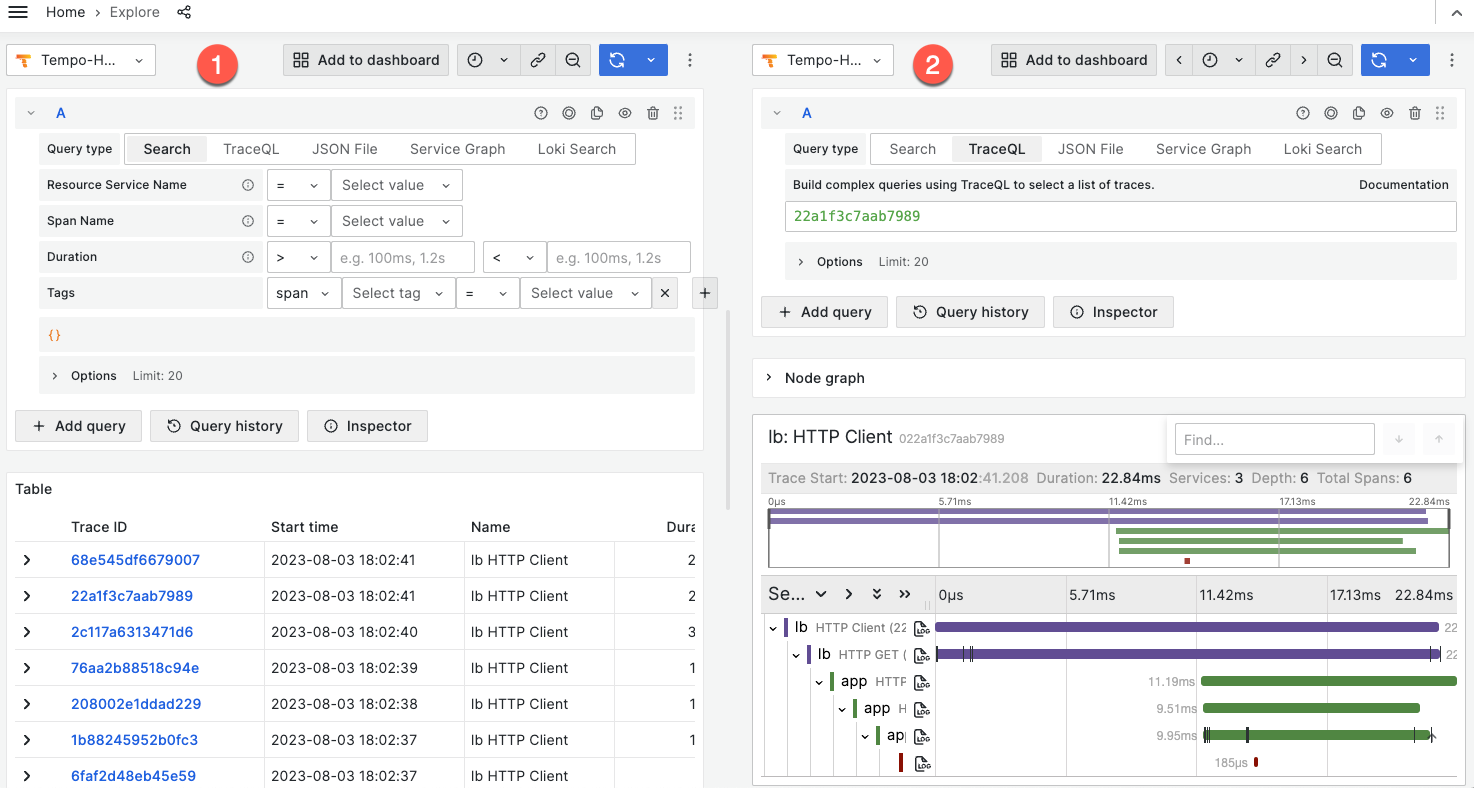 Traces example with query results and spans